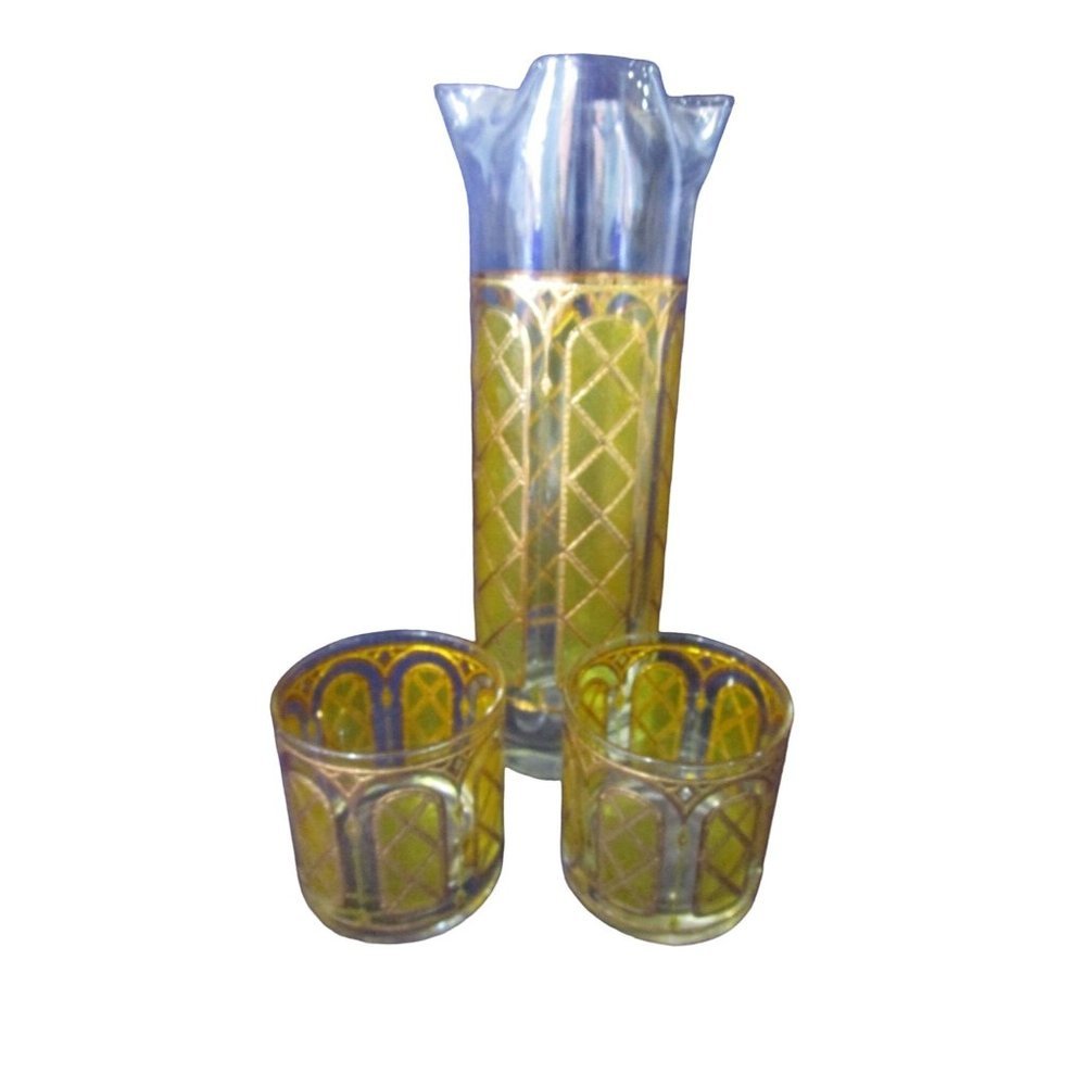 Mid Century Cocktail Martini Drinks Pitcher Set Stained Glass Yellow Gold EUC